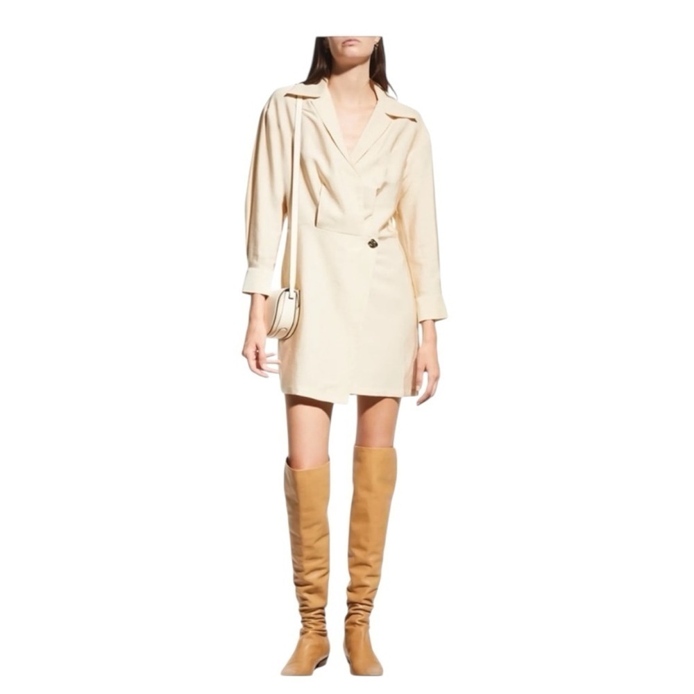 NWT! VINCE Shaped-collar Long-sleeve Wrap Dress In Pale Sand. Size 2.